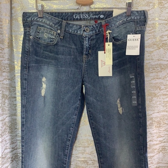 GUESS Dark Gold Rush Wash Distressed Bootcut Jeans Size 32 - Picture 3 of 12